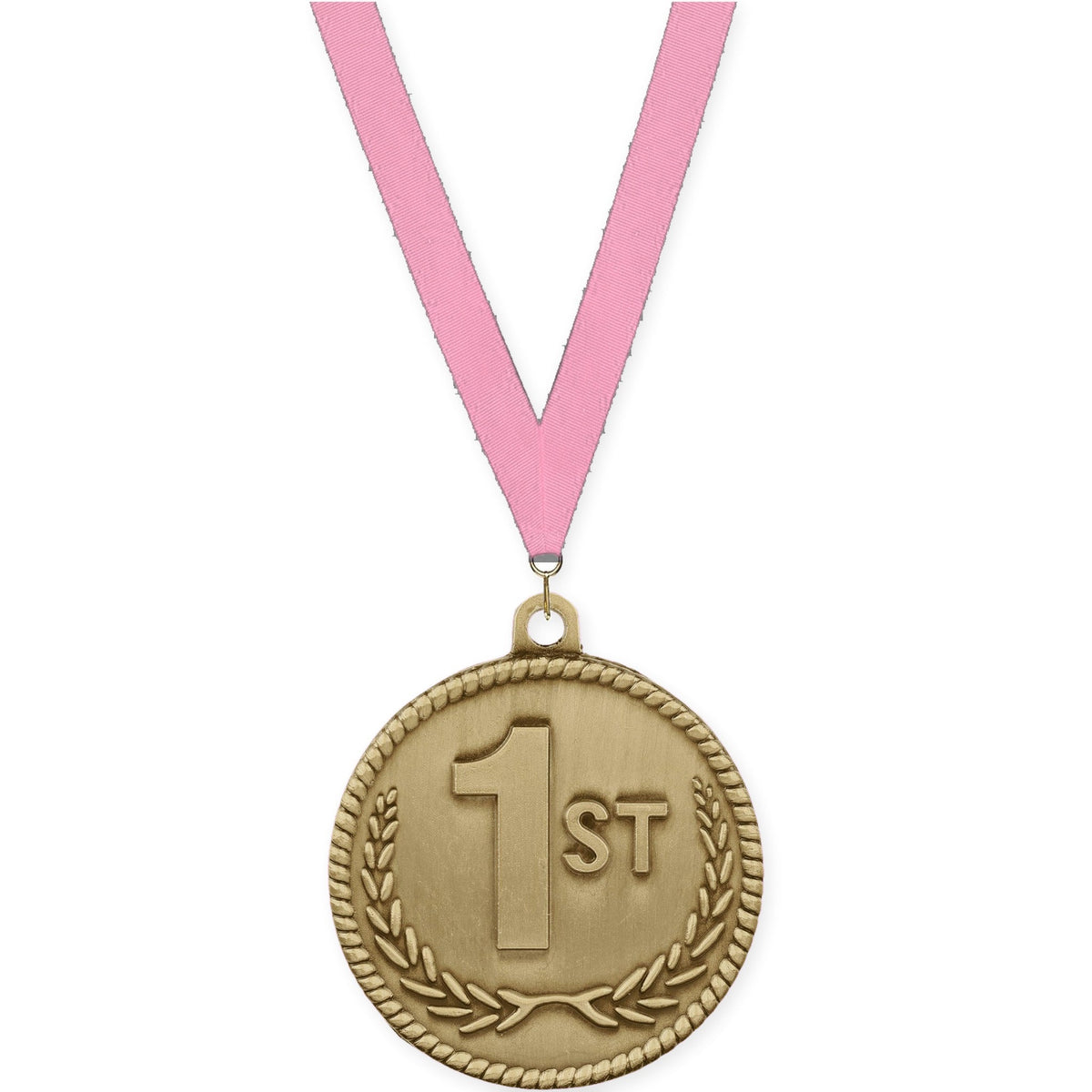 2 inch Place High Relief medal in gold - 1st place with Pink neck ribbon