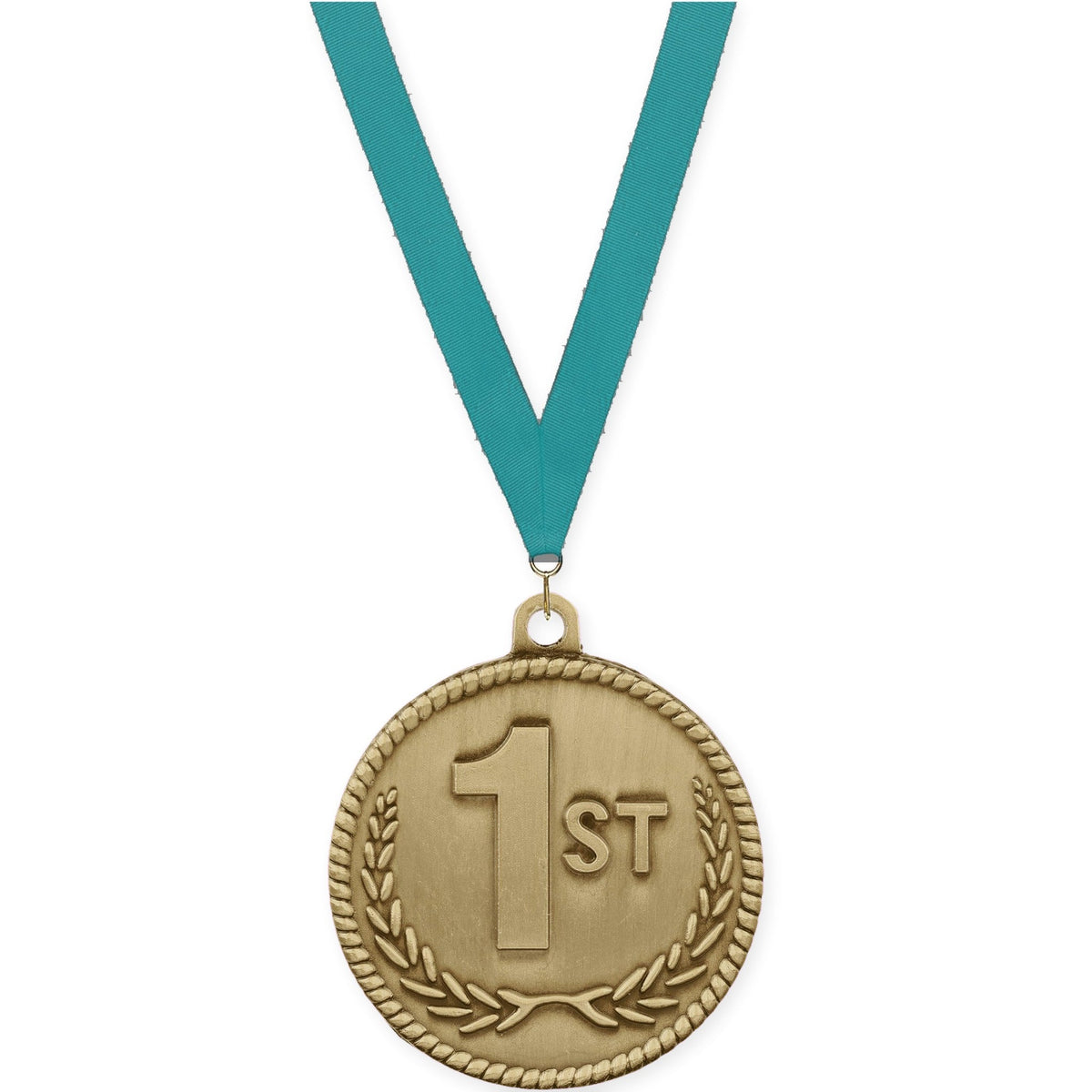 2 inch Place High Relief medal in gold - 1st place with Teal neck ribbon