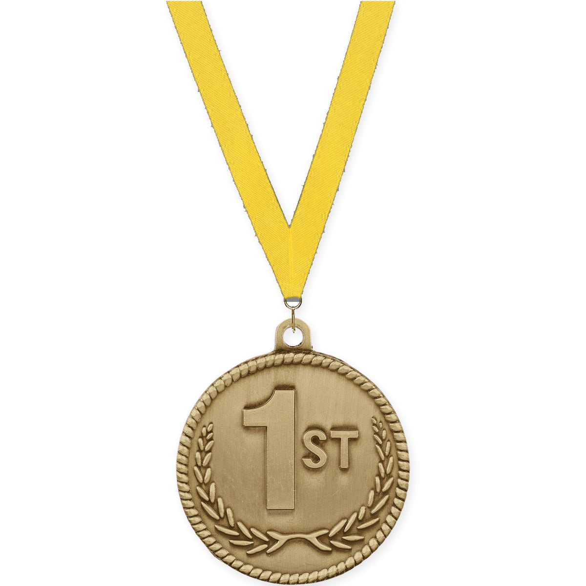 2 inch Place High Relief medal in gold - 1st place with Yellow neck ribbon