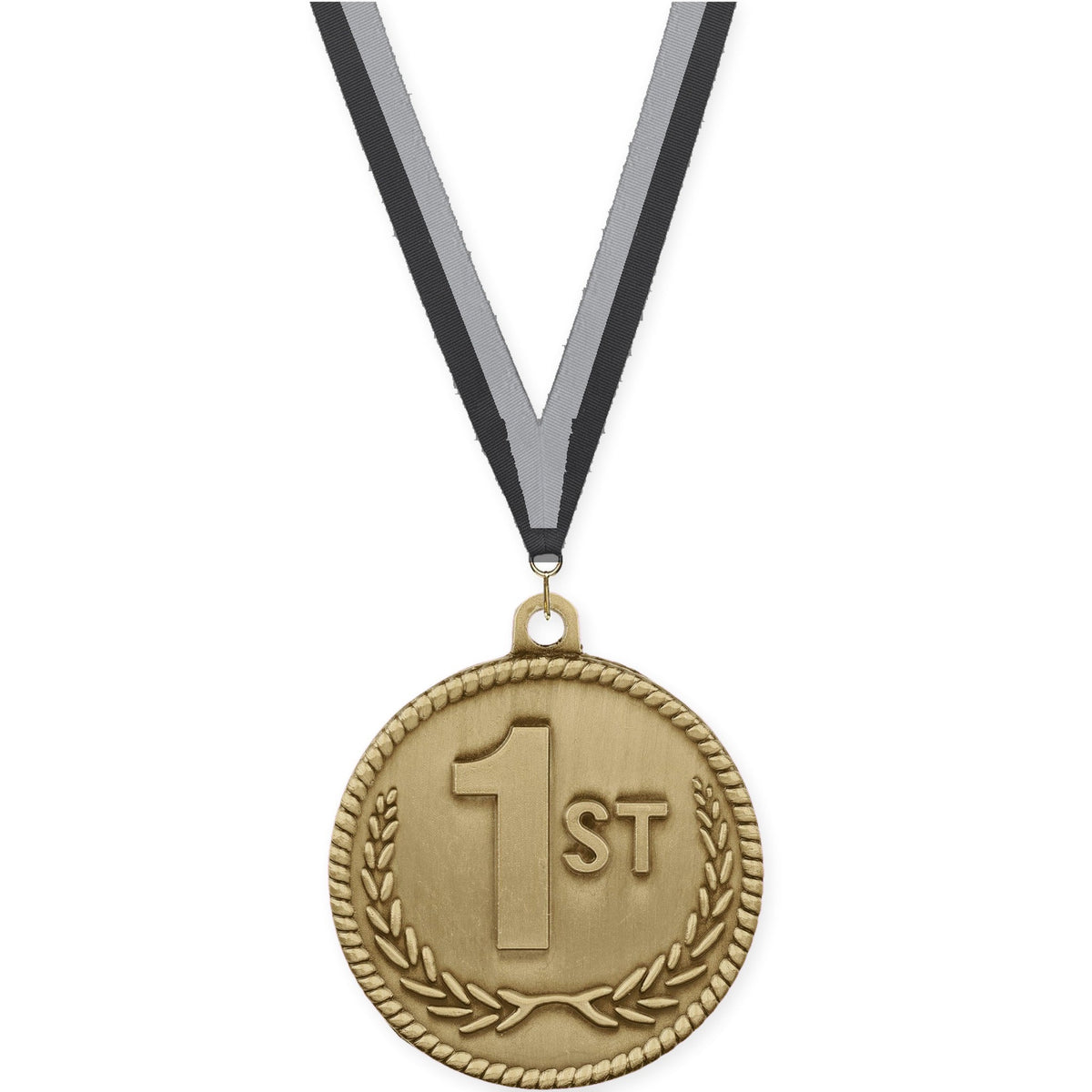 2 inch Place High Relief medal in gold - 1st place with Black Gray neck ribbon