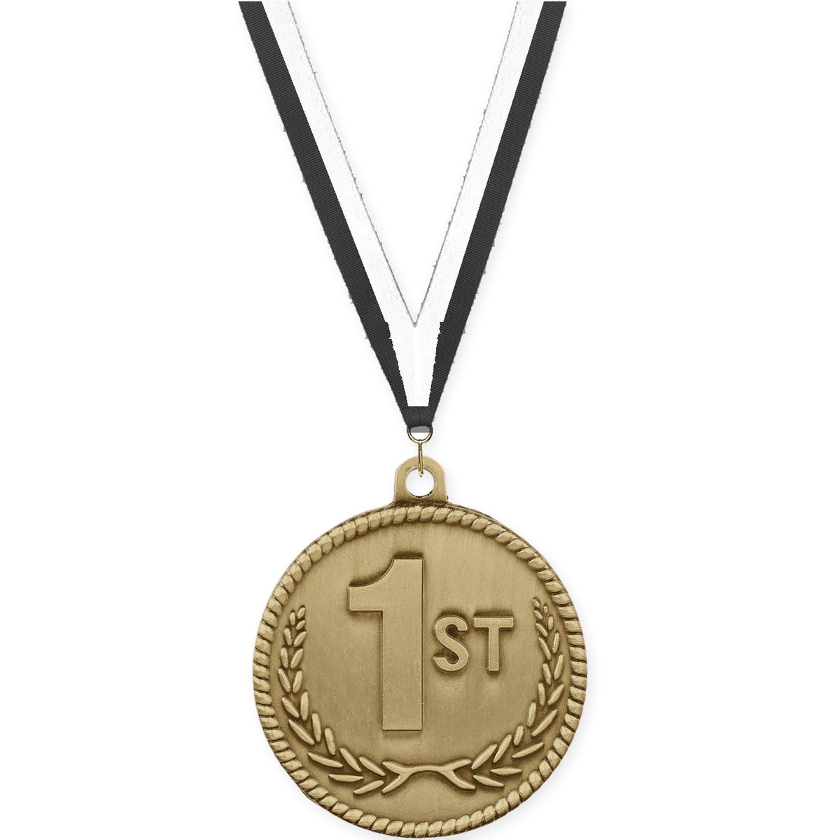 2 inch Place High Relief medal in gold - 1st place with Black White neck ribbon