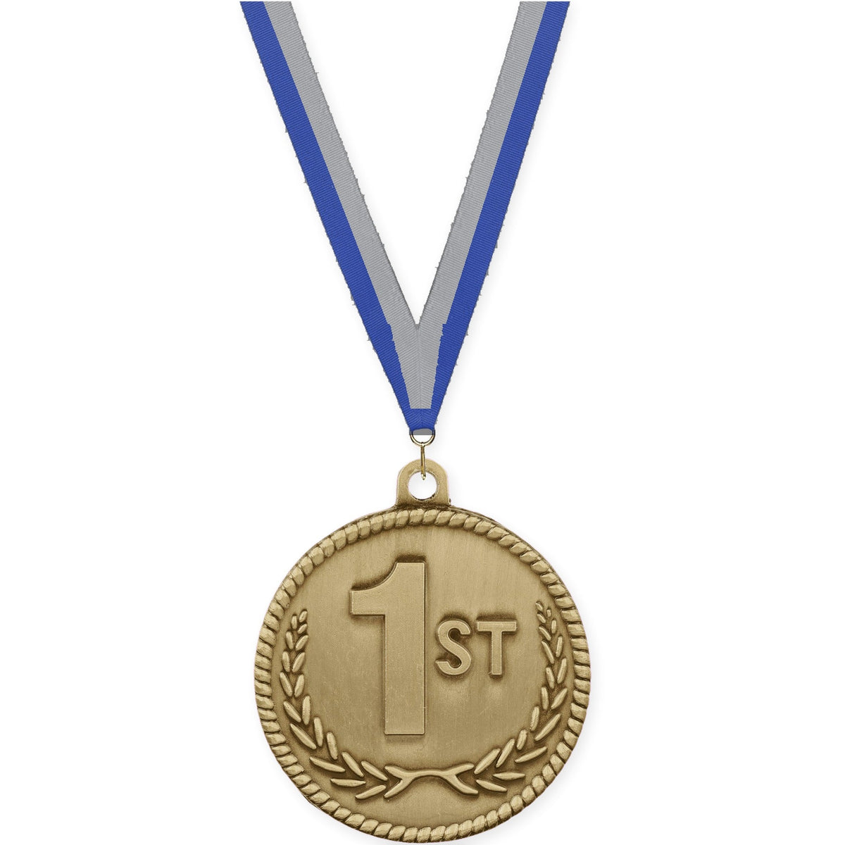 2 inch Place High Relief medal in gold - 1st place with Blue Gray neck ribbon