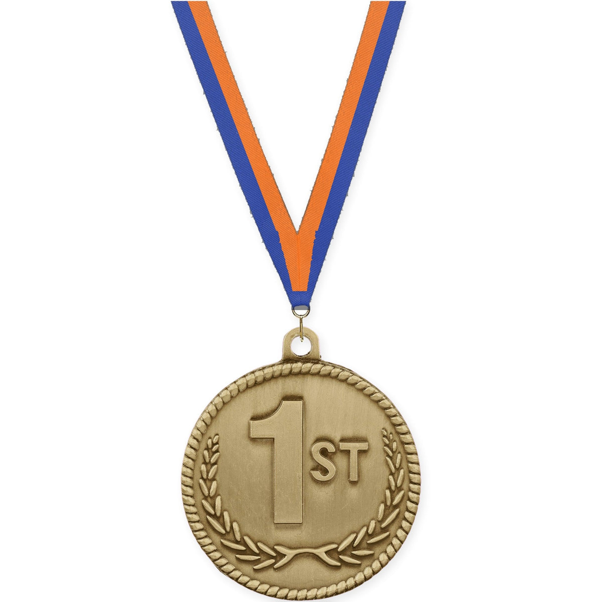 2 inch Place High Relief medal in gold - 1st place with Blue Orange neck ribbon