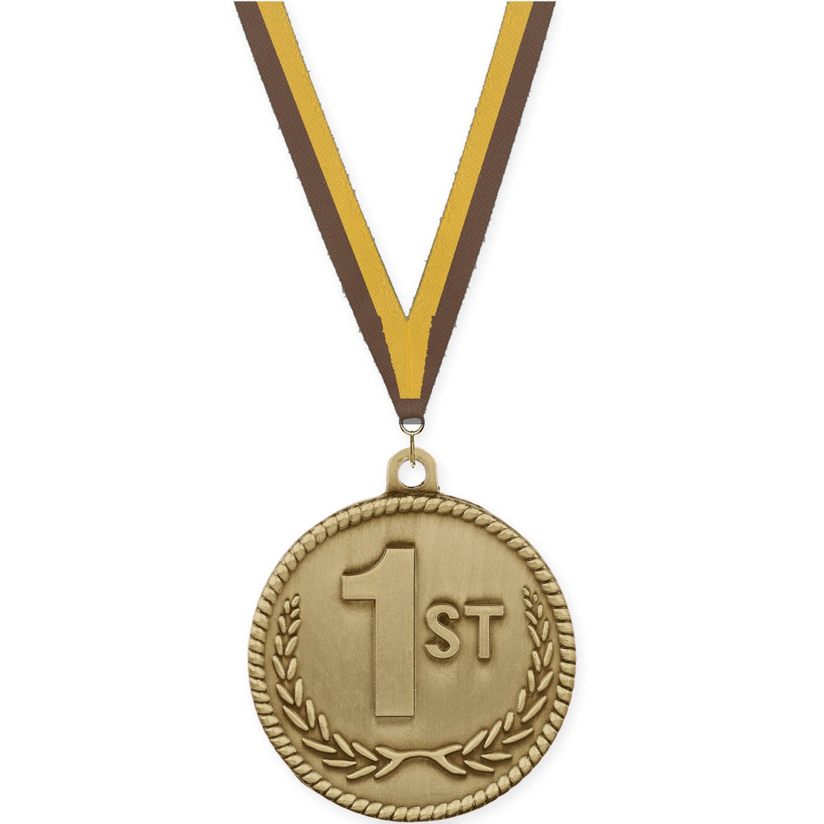 2 inch Place High Relief medal in gold - 1st place with Brown Gold neck ribbon