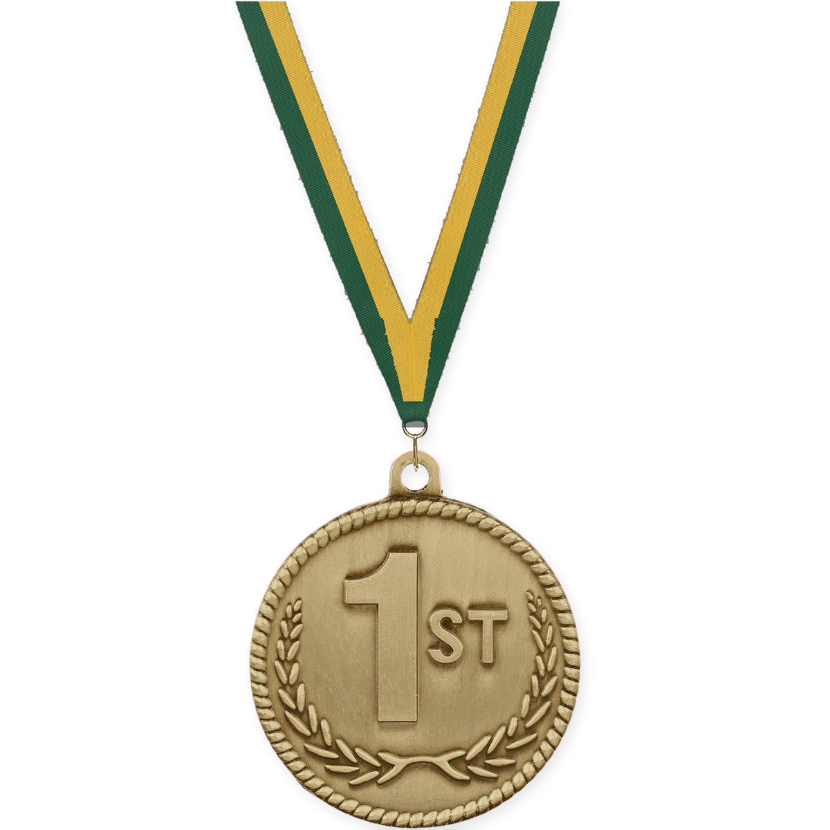 2 inch Place High Relief medal in gold - 1st place with Hunter Green Gold neck ribbon