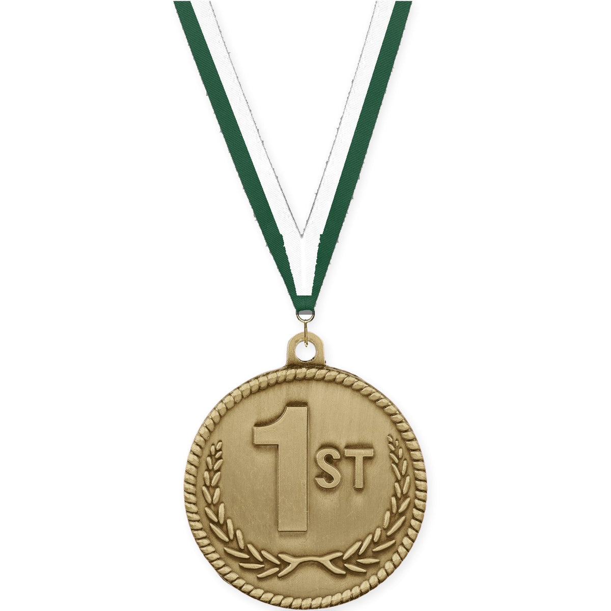2 inch Place High Relief medal in gold - 1st place with Hunter Green White neck ribbon