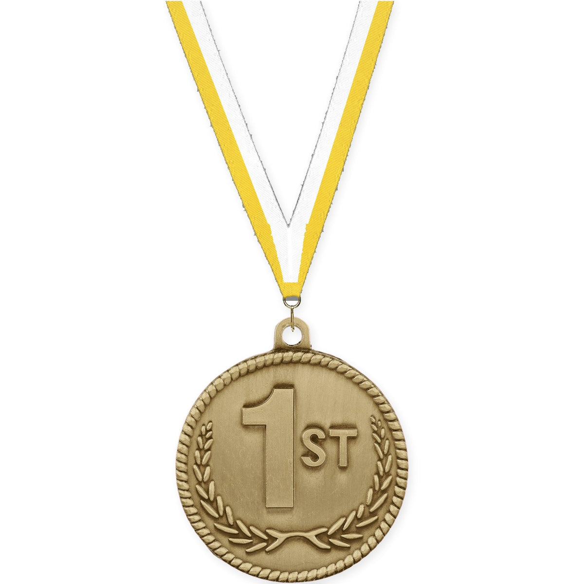 2 inch Place High Relief medal in gold - 1st place with Yellow White neck ribbon