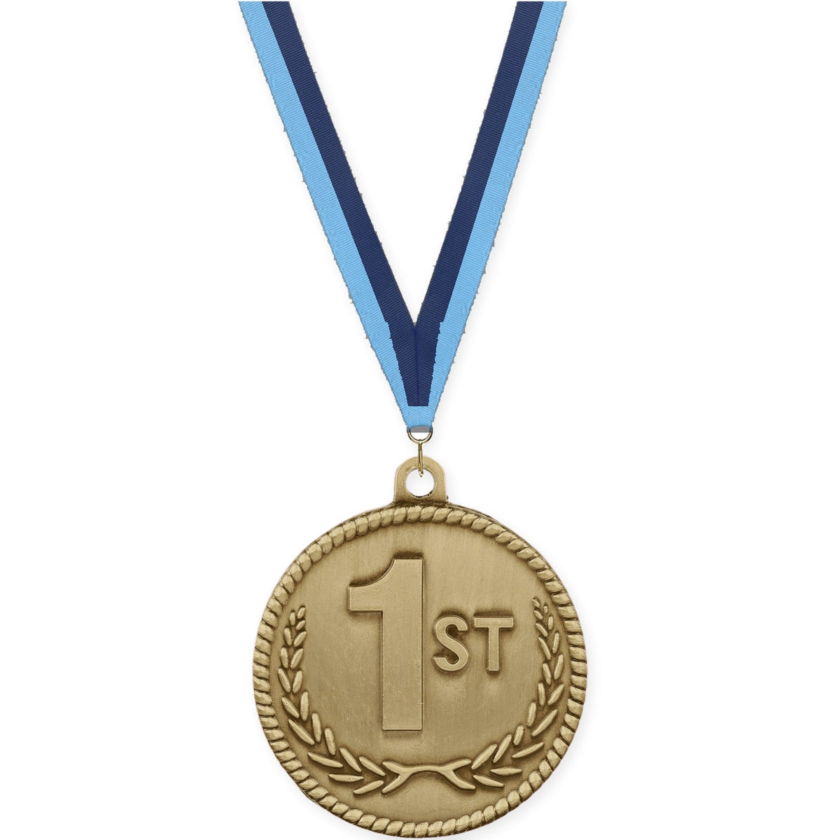 2 inch Place High Relief medal in gold - 1st place with Light Blue Navy neck ribbon