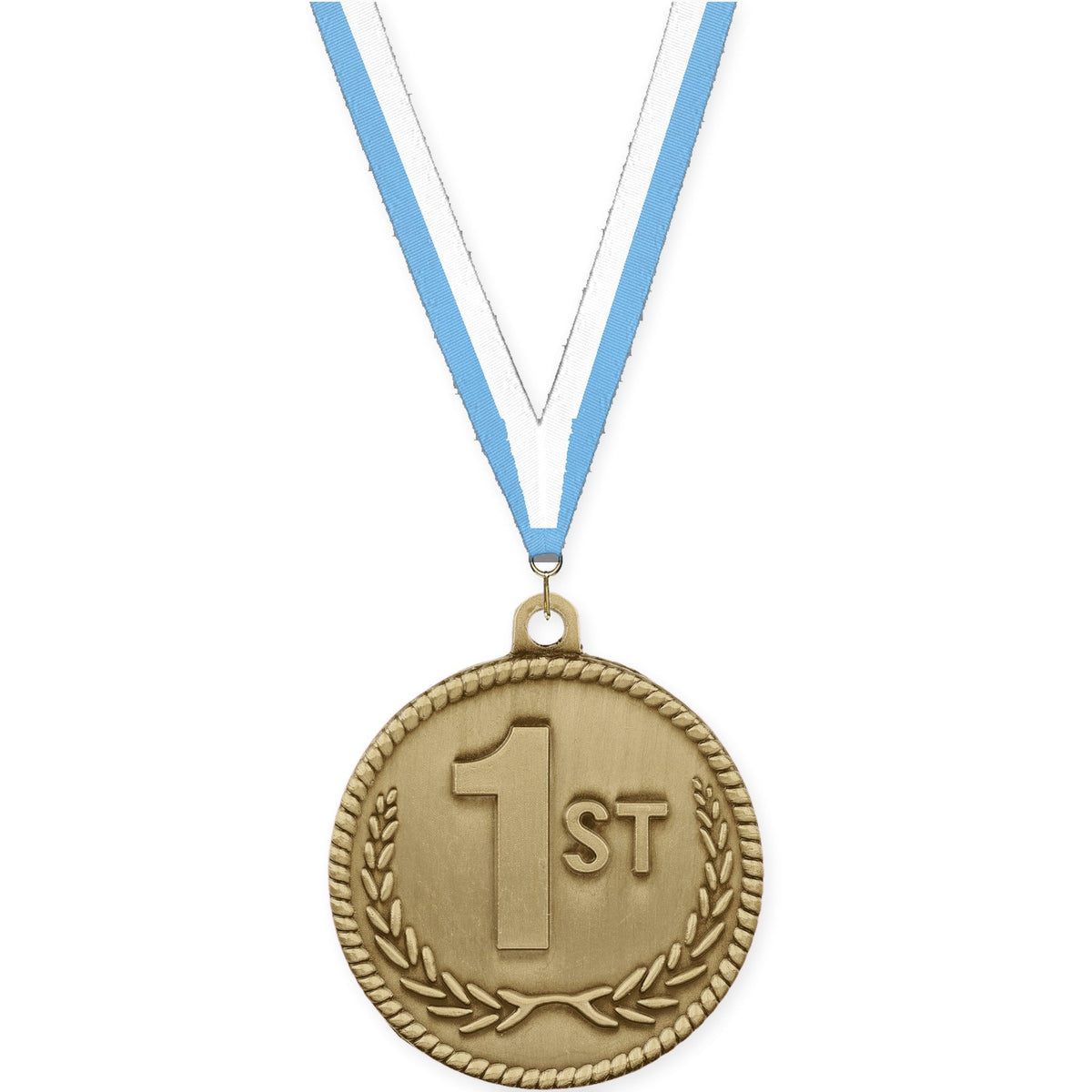 2 inch Place High Relief medal in gold - 1st place with Light Blue White neck ribbon