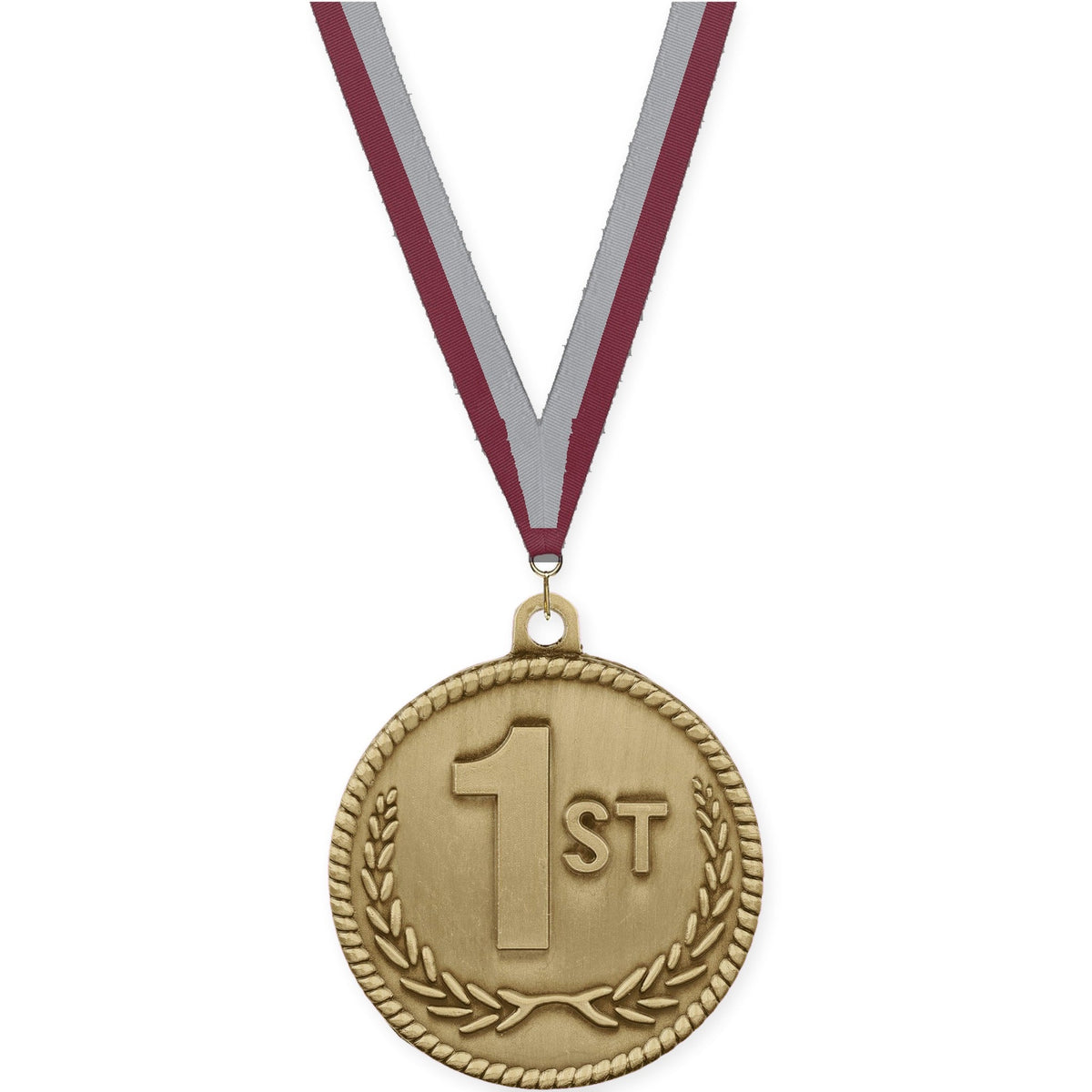 2 inch Place High Relief medal in gold - 1st place with Maroon Gray neck ribbon