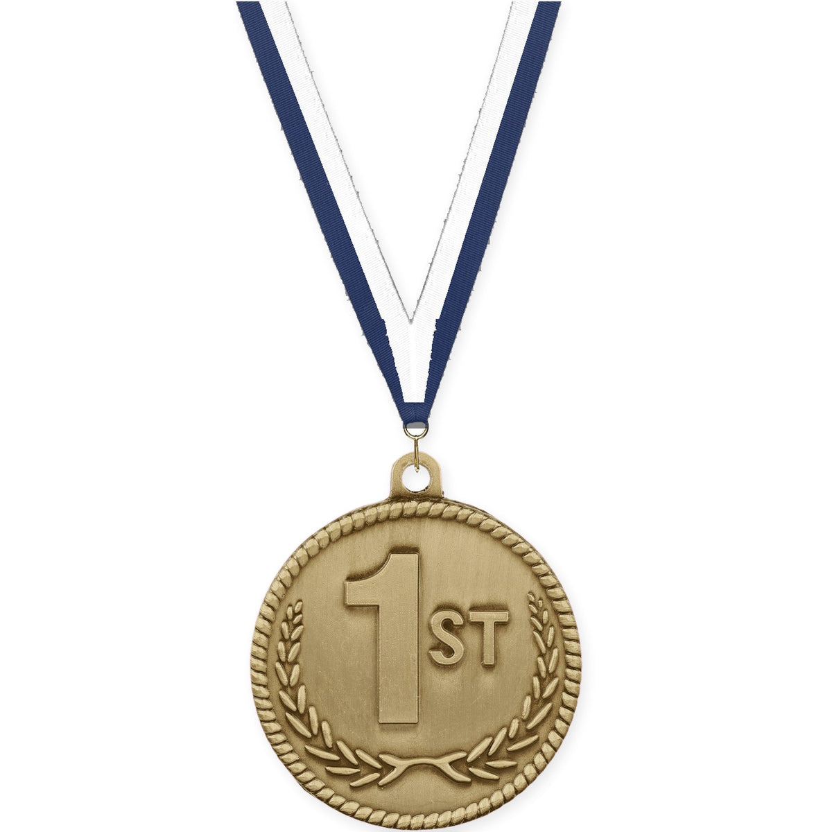 2 inch Place High Relief medal in gold - 1st place with Navy White neck ribbon