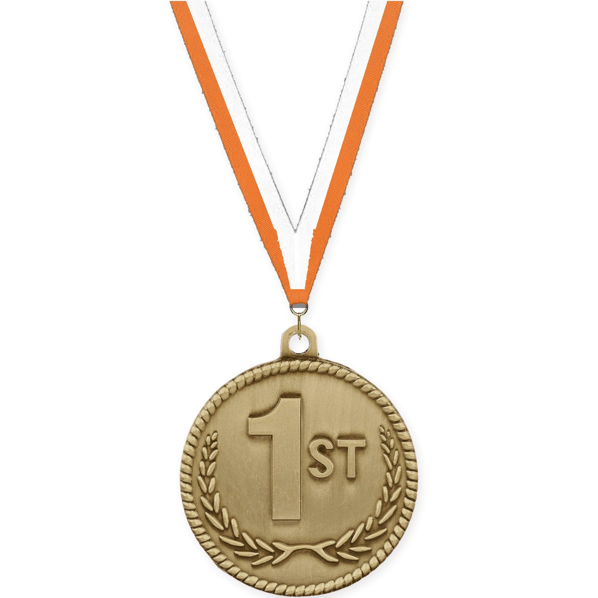 2 inch Place High Relief medal in gold - 1st place with Orange White neck ribbon