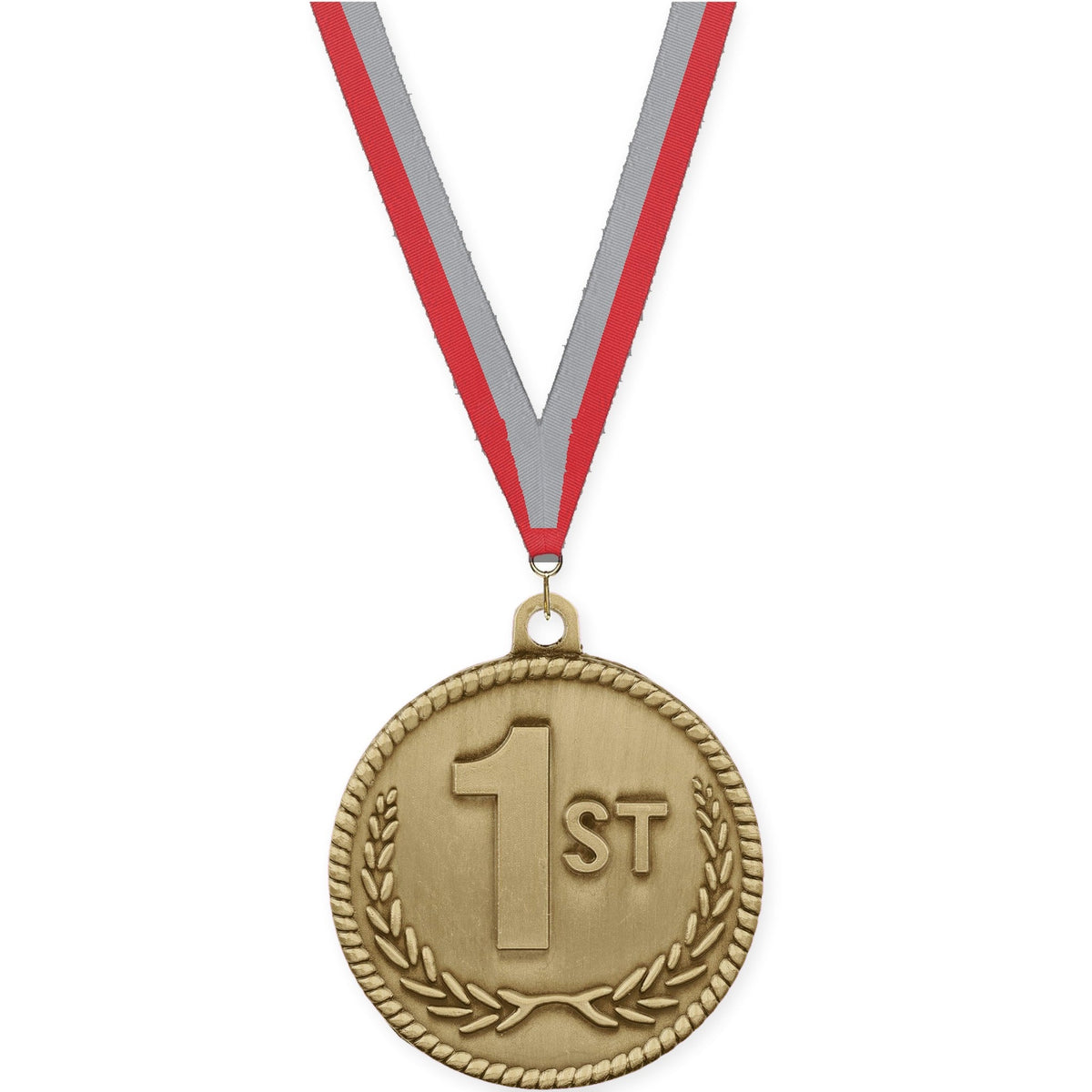 2 inch Place High Relief medal in gold - 1st place with Red Gray neck ribbon