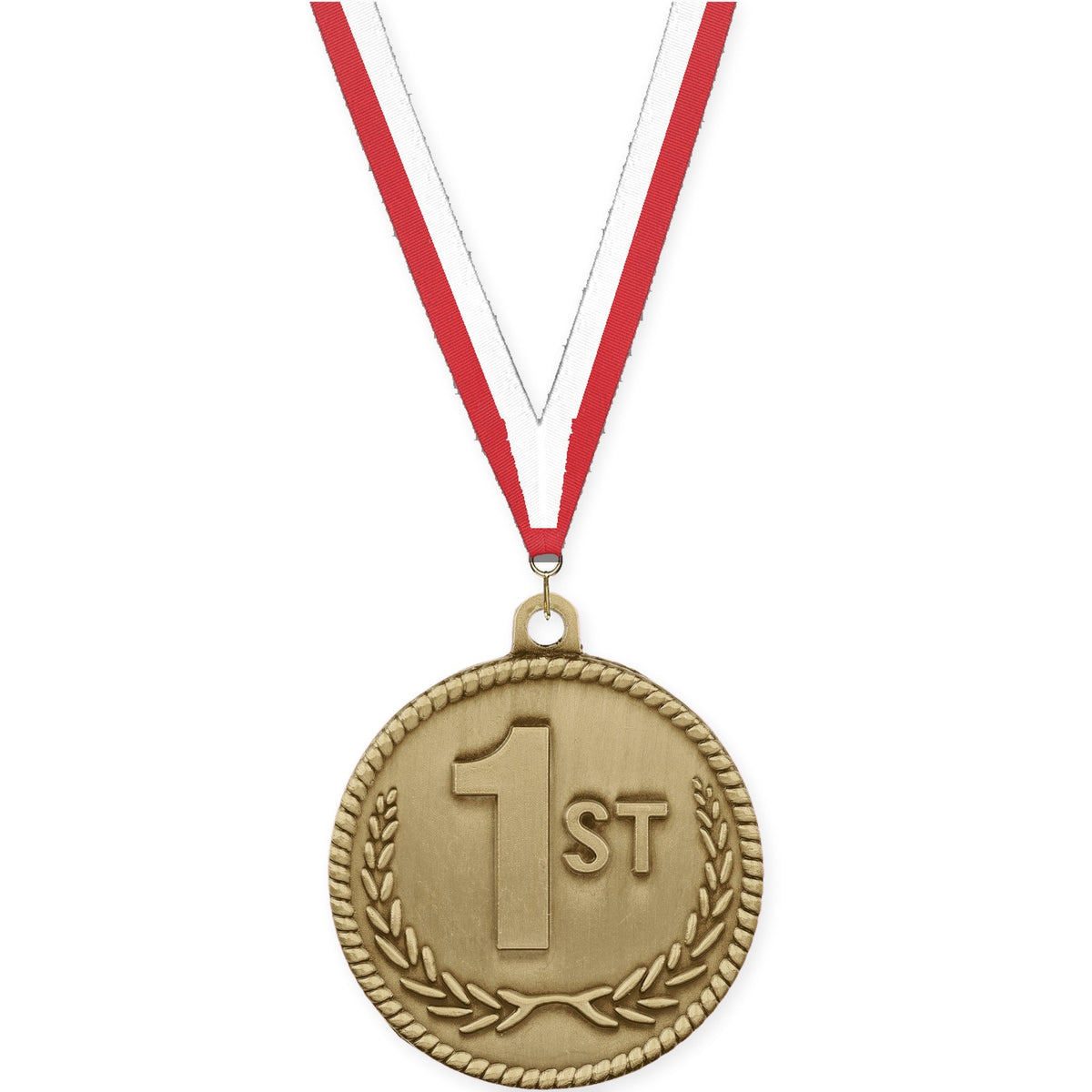 2 inch Place High Relief medal in gold - 1st place with Red White neck ribbon