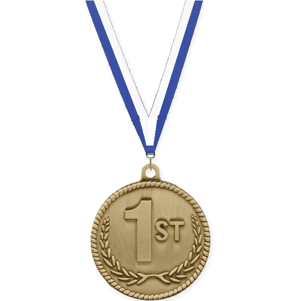 2 inch Place High Relief medal in gold - 1st place with Blue White neck ribbon