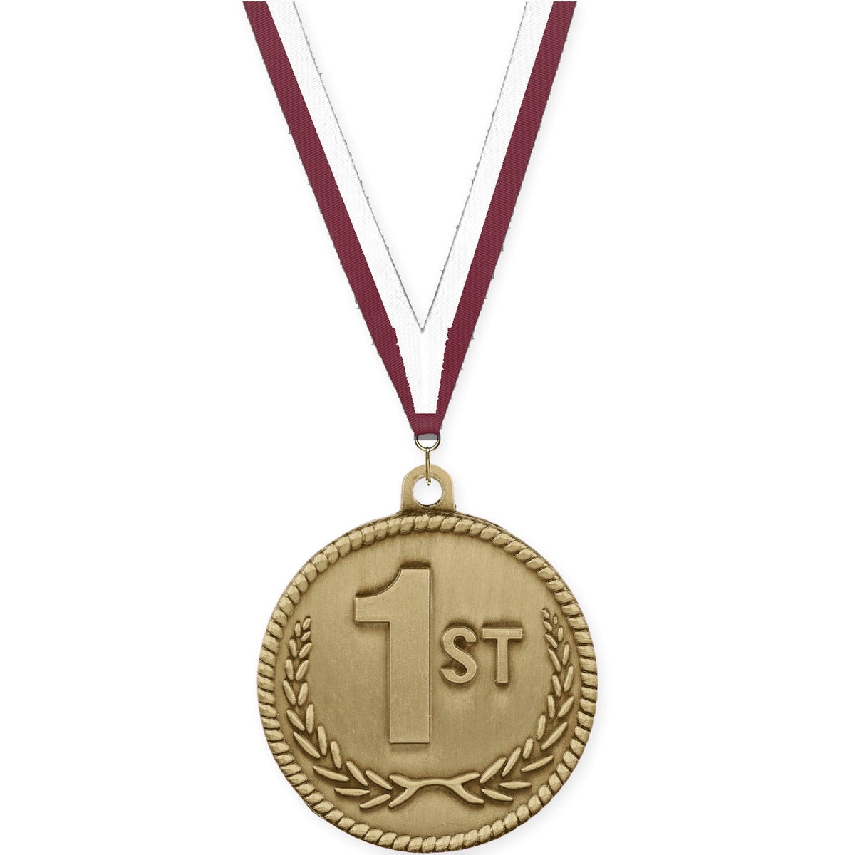 2 inch Place High Relief medal in gold - 1st place with Maroon White neck ribbon