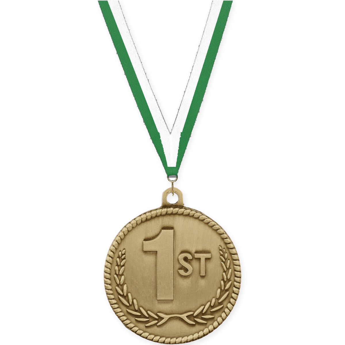 2 inch Place High Relief medal in gold - 1st place with Green White neck ribbon