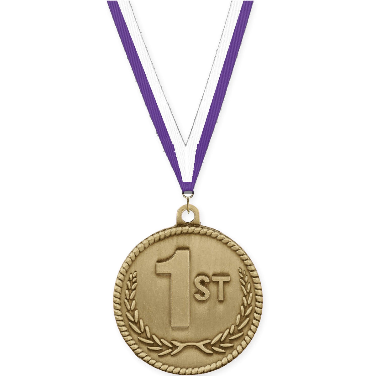 2 inch Place High Relief medal in gold - 1st place with Purple White neck ribbon