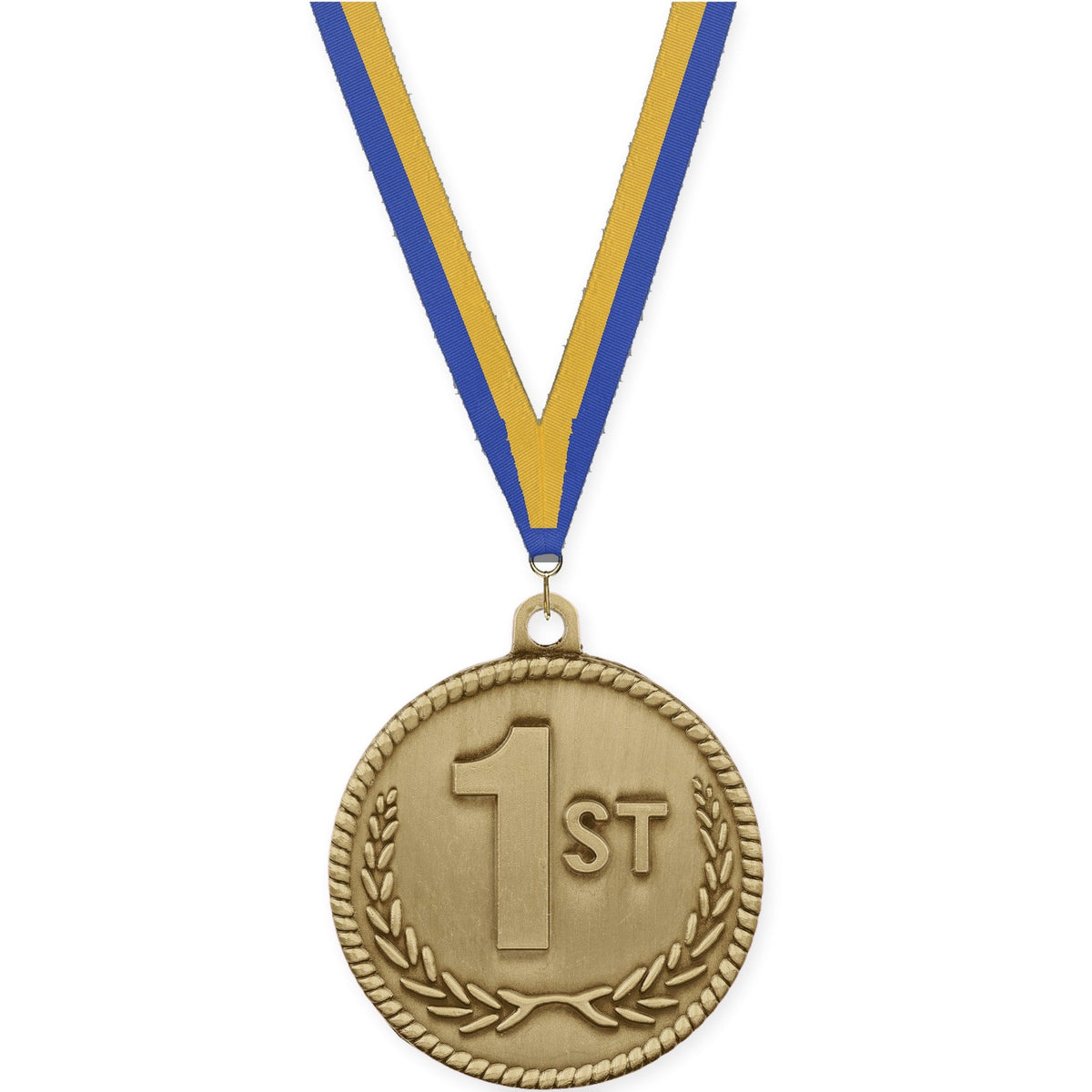 2 inch Place High Relief medal in gold - 1st place with Blue Gold neck ribbon