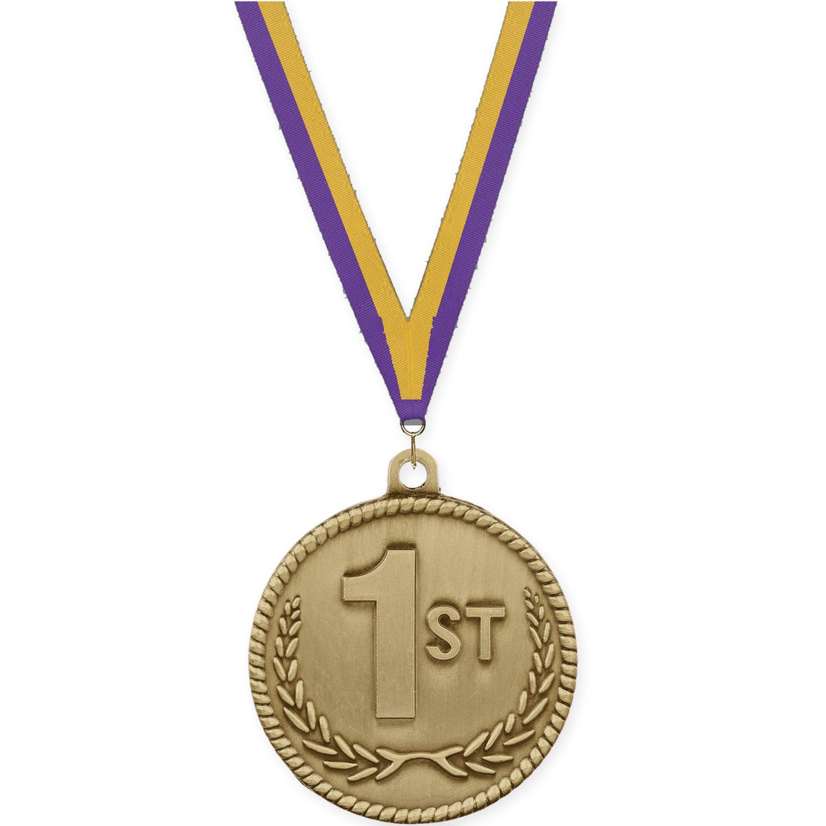 2 inch Place High Relief medal in gold - 1st place with Purple Gold neck ribbon