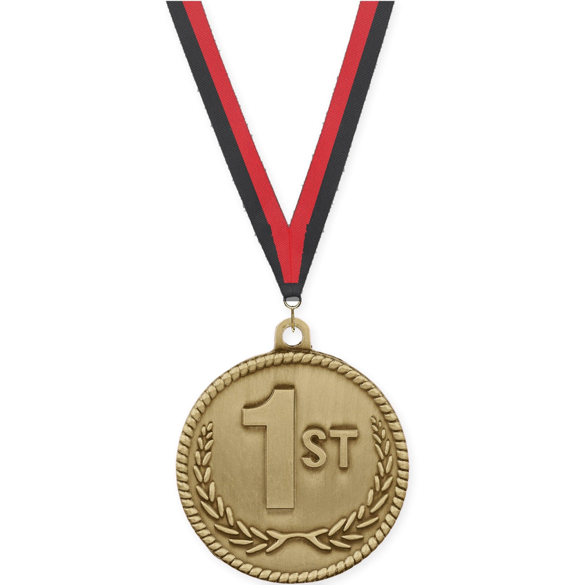 2 inch Place High Relief medal in gold - 1st place with Black Red neck ribbon