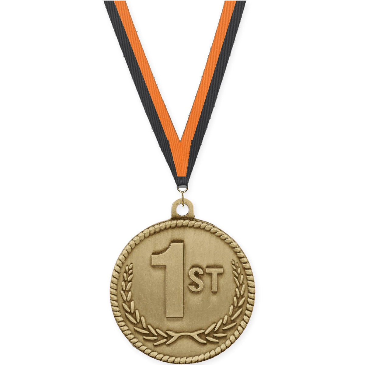 2 inch Place High Relief medal in gold - 1st place with Black Orange neck ribbon