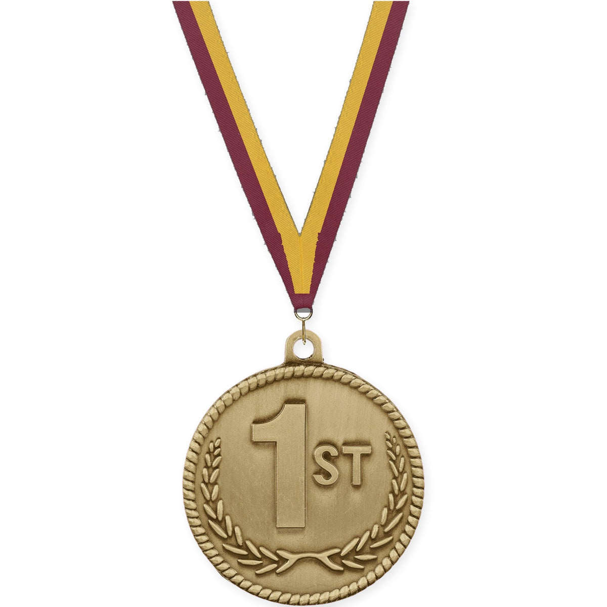 2 inch Place High Relief medal in gold - 1st place with Maroon Gold neck ribbon