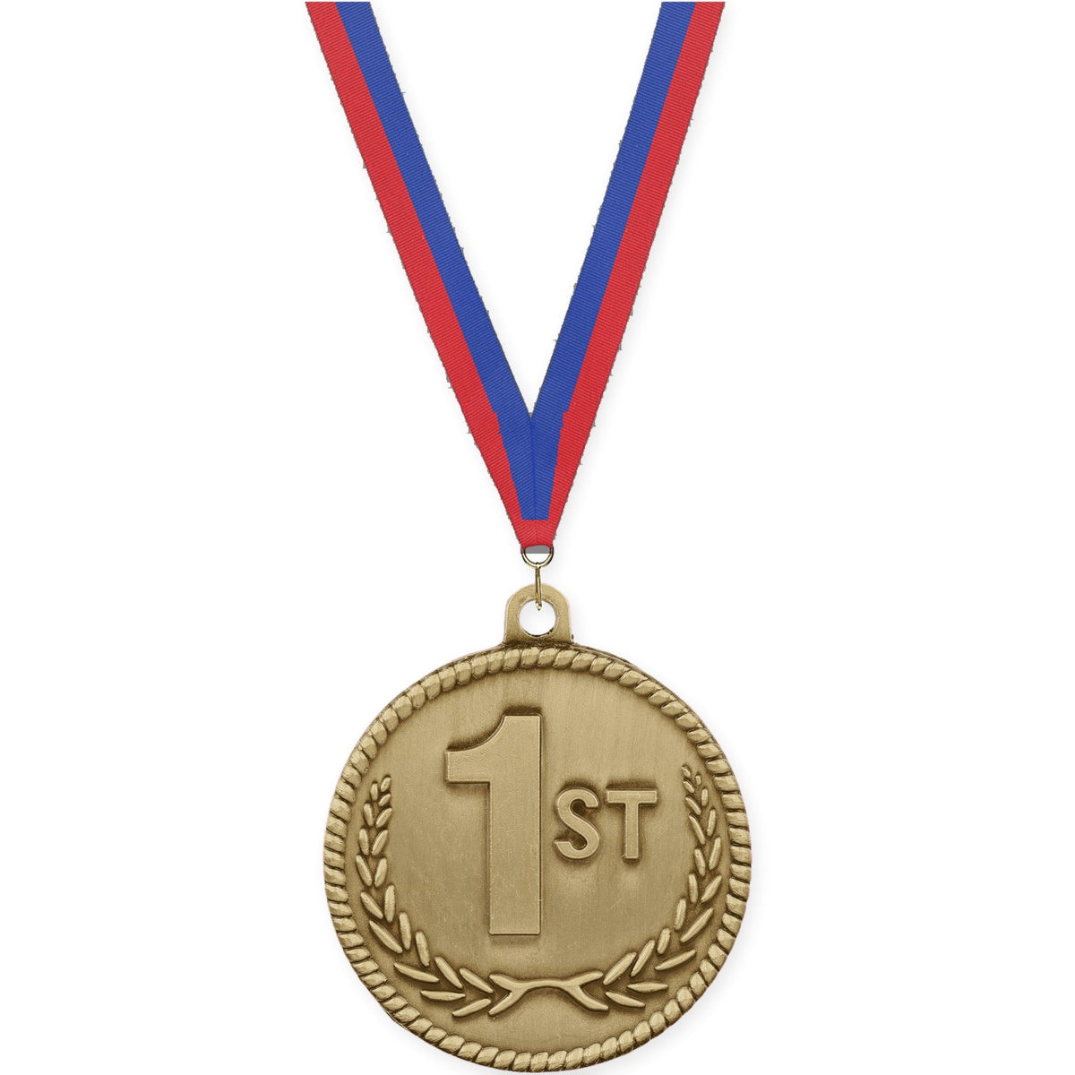 2 inch Place High Relief medal in gold - 1st place with Blue Red neck ribbon