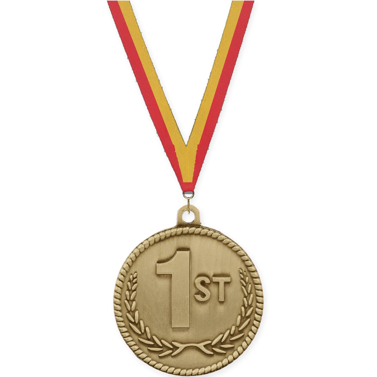 2 inch Place High Relief medal in gold - 1st place with Red Gold neck ribbon