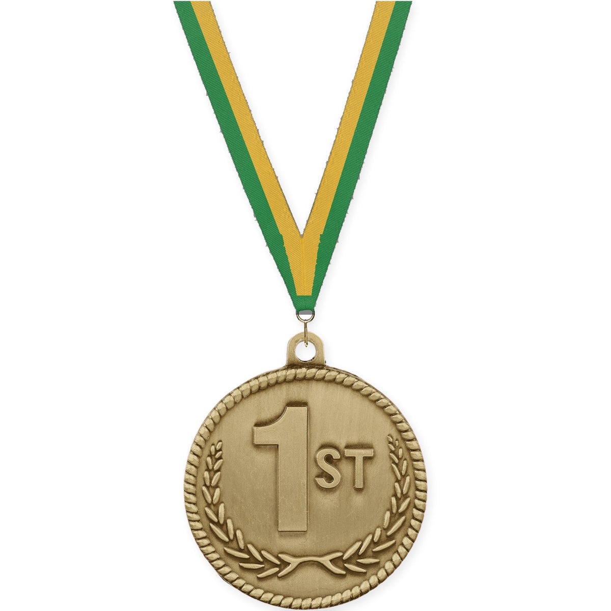 2 inch Place High Relief medal in gold - 1st place with Green Gold neck ribbon