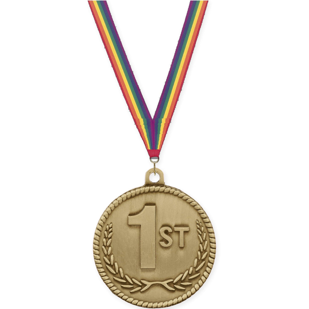 2 inch Place High Relief medal in gold - 1st place with Rainbow neck ribbon