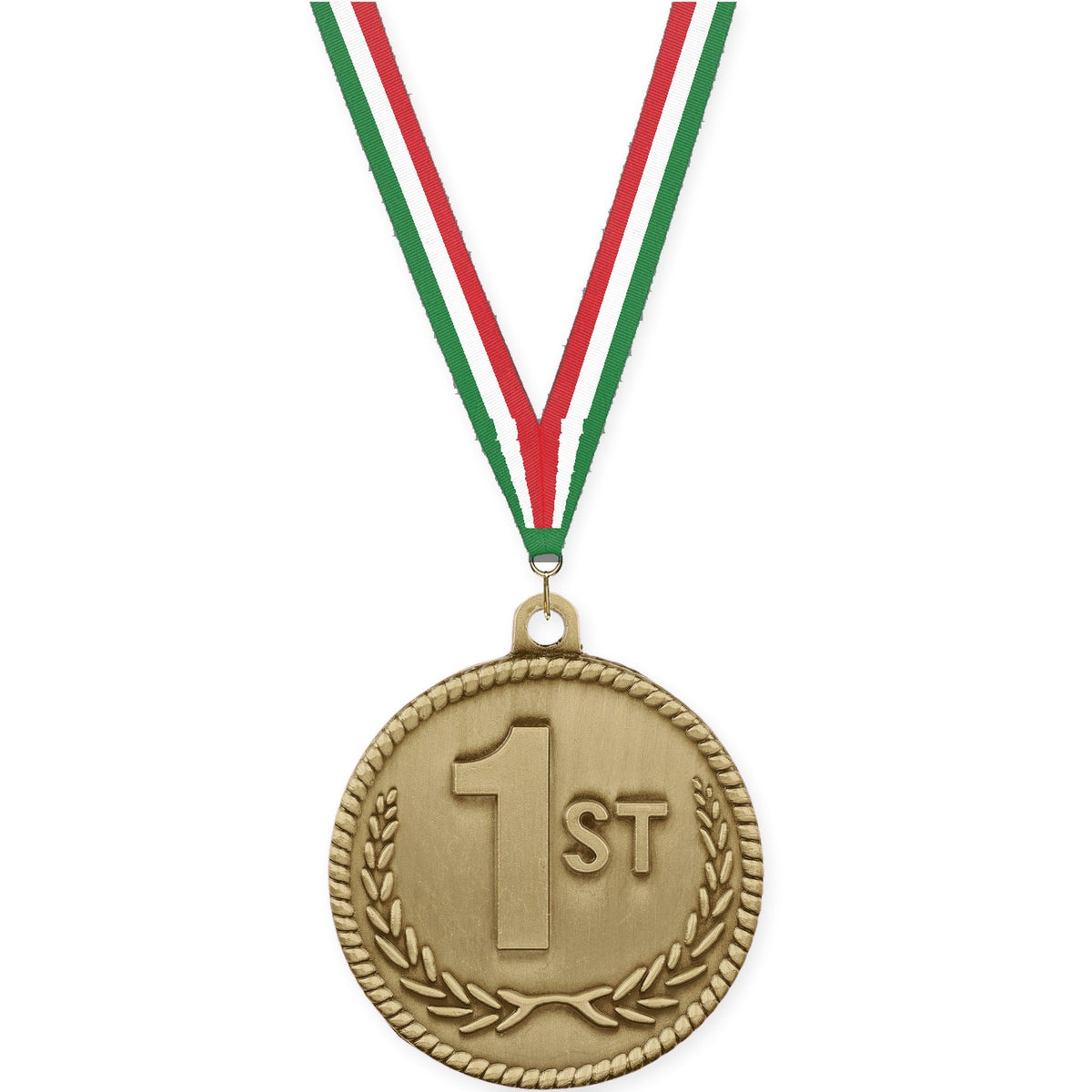 2 inch Place High Relief medal in gold - 1st place with Green White Red neck ribbon