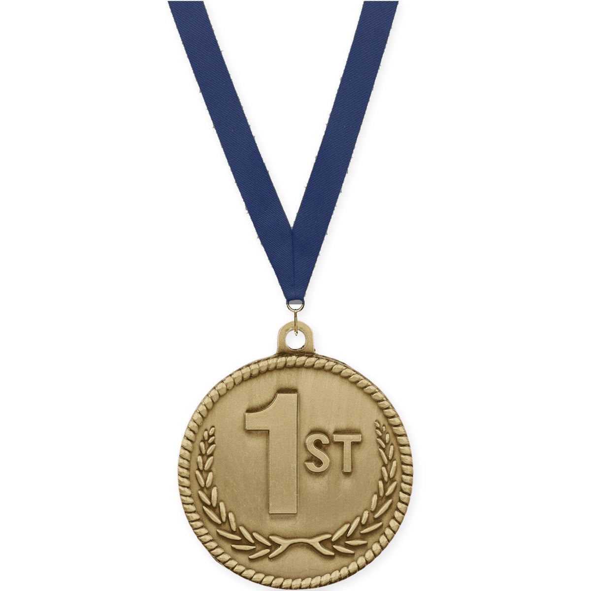 2 inch Place High Relief medal in gold - 1st place with Navy neck ribbon