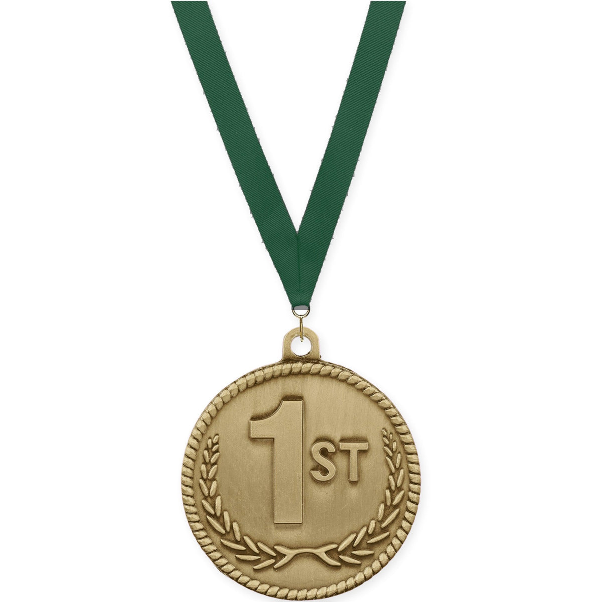2 inch Place High Relief medal in gold - 1st place with Hunter Green neck ribbon