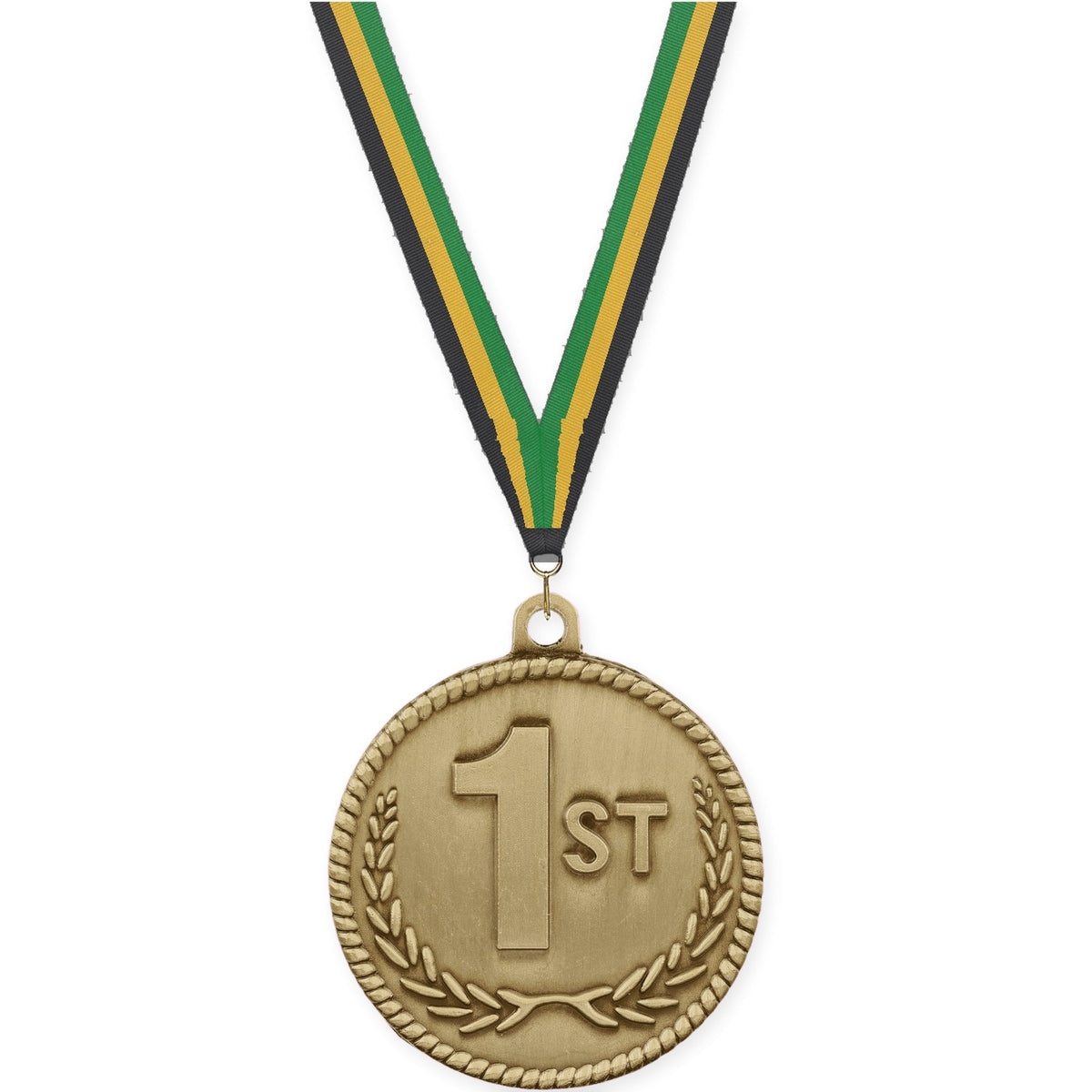 2 inch Place High Relief medal in gold - 1st place with Black Gold Green neck ribbon