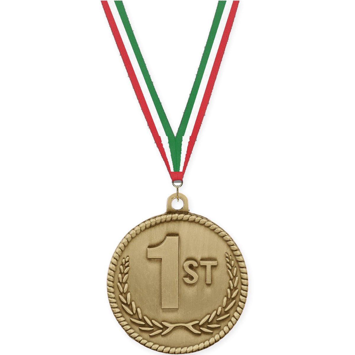 2 inch Place High Relief medal in gold - 1st place with Red White Green neck ribbon