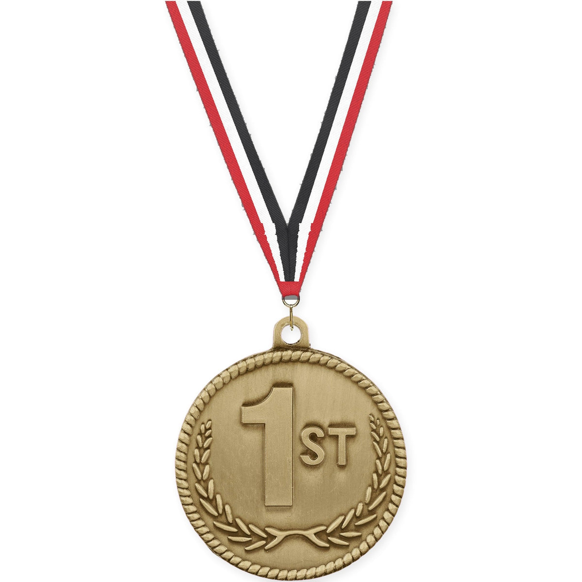 2 inch Place High Relief medal in gold - 1st place with Red White Black neck ribbon