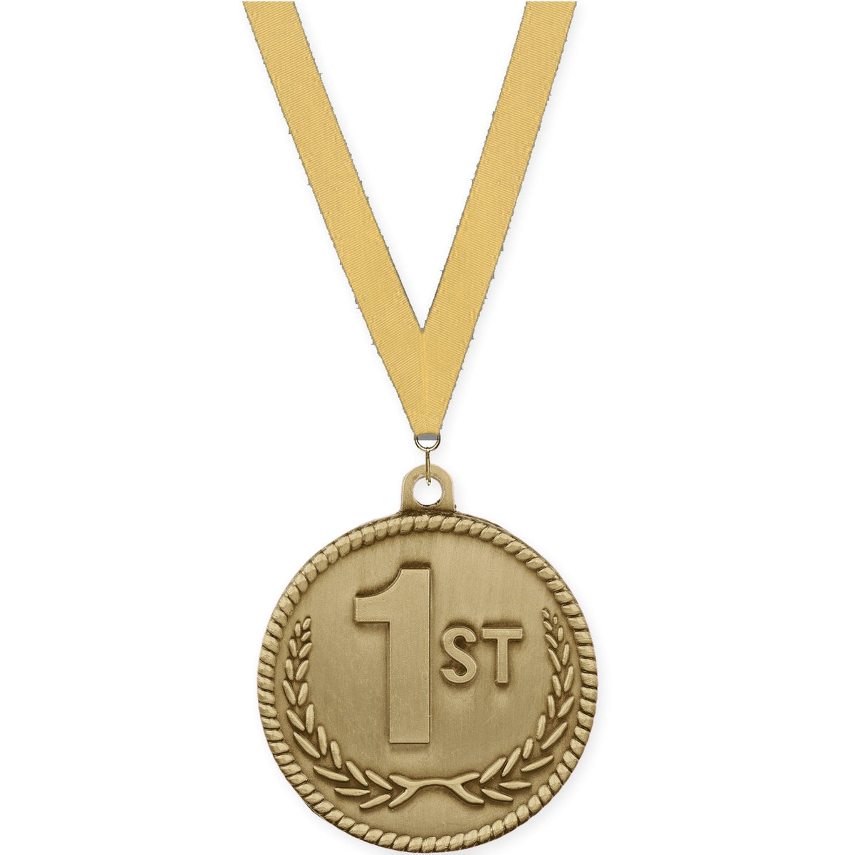 2 inch Place High Relief medal in gold - 1st place with Gold Metallic neck ribbon