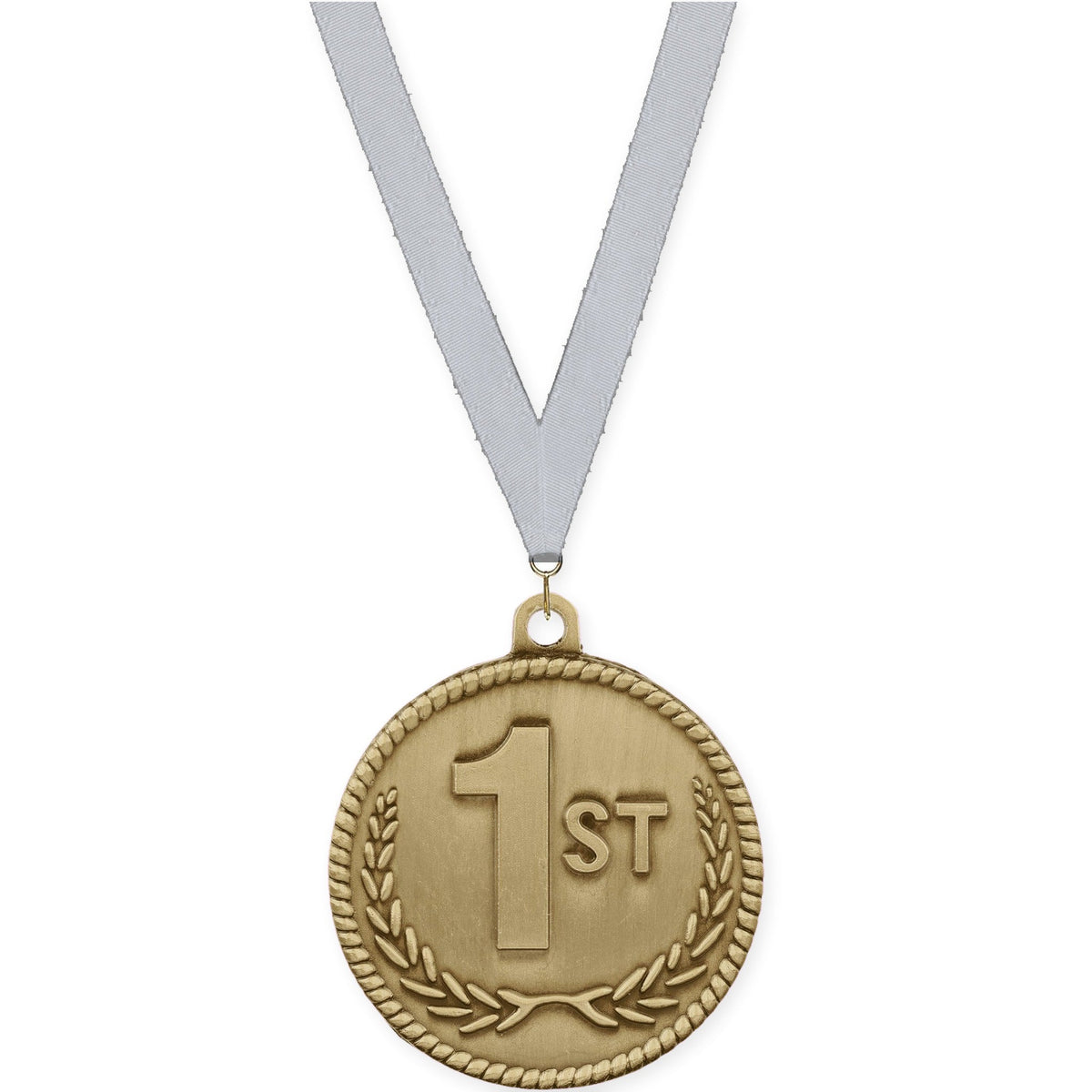 2 inch Place High Relief medal in gold - 1st place with Silver Metallic neck ribbon