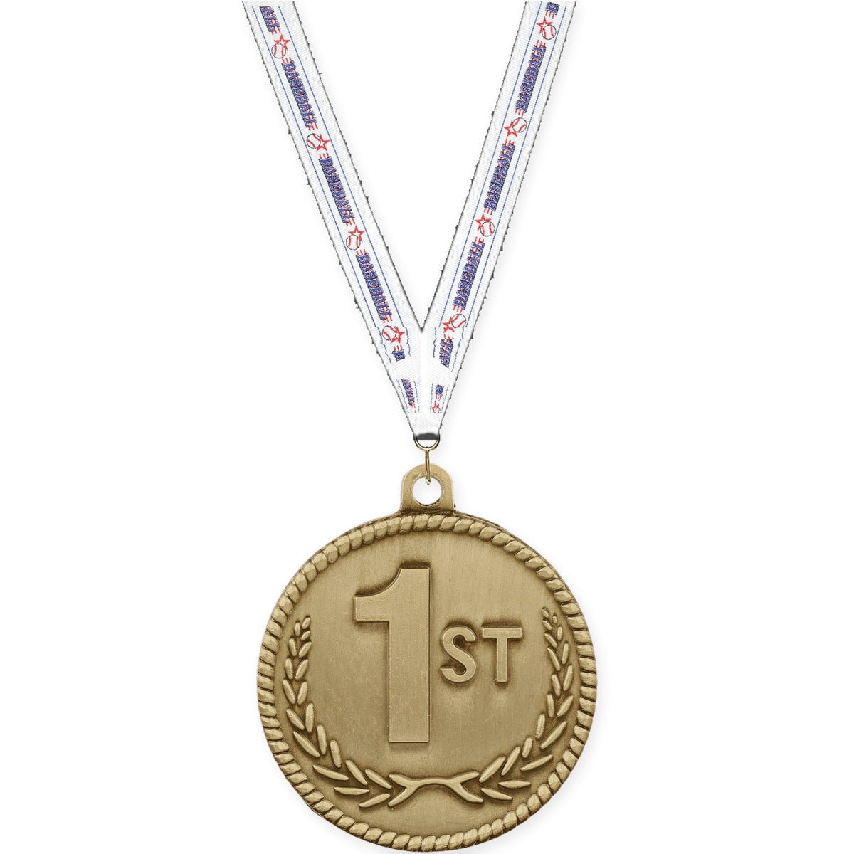 2 inch Place High Relief medal in gold - 1st place with Baseball neck ribbon