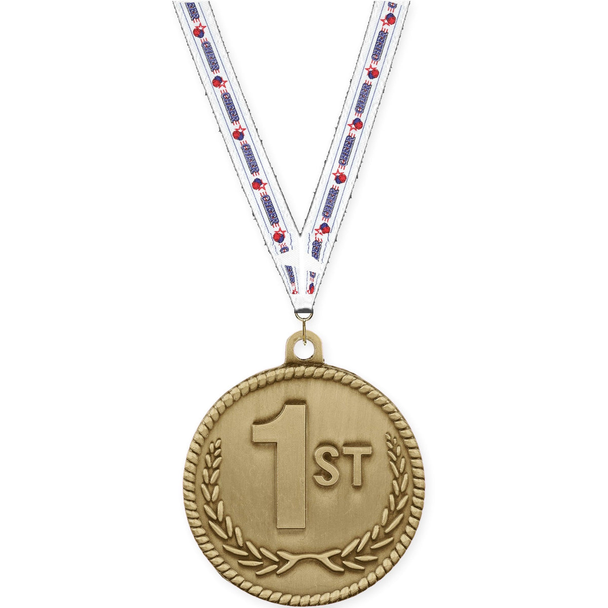 2 inch Place High Relief medal in gold - 1st place with Cheerleading neck ribbon