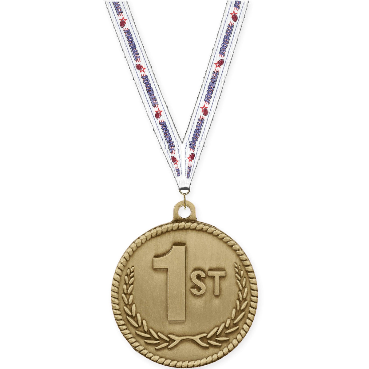 2 inch Place High Relief medal in gold - 1st place with Football neck ribbon