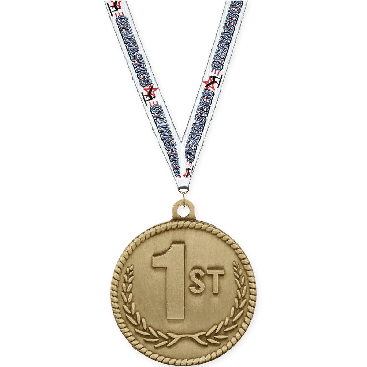 2 inch Place High Relief medal in gold - 1st place with Gymnastics neck ribbon