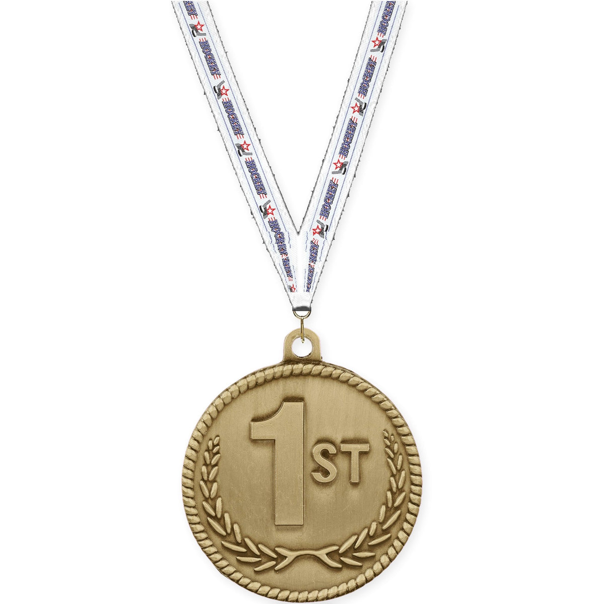 2 inch Place High Relief medal in gold - 1st place with Hockey neck ribbon