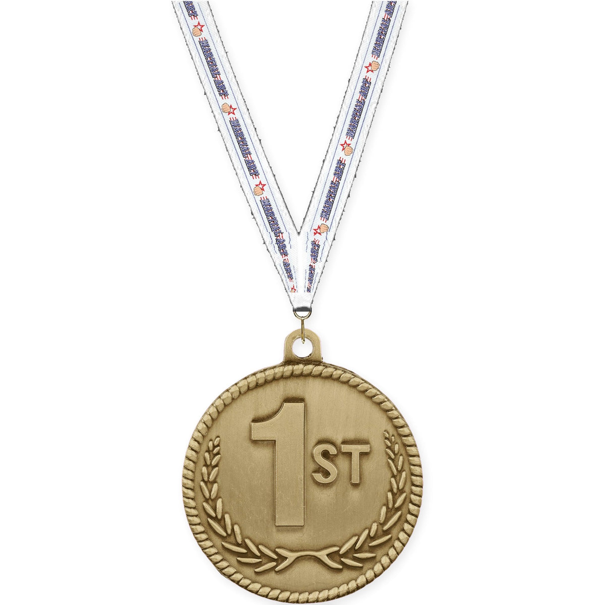 2 inch Place High Relief medal in gold - 1st place with Martial Arts neck ribbon