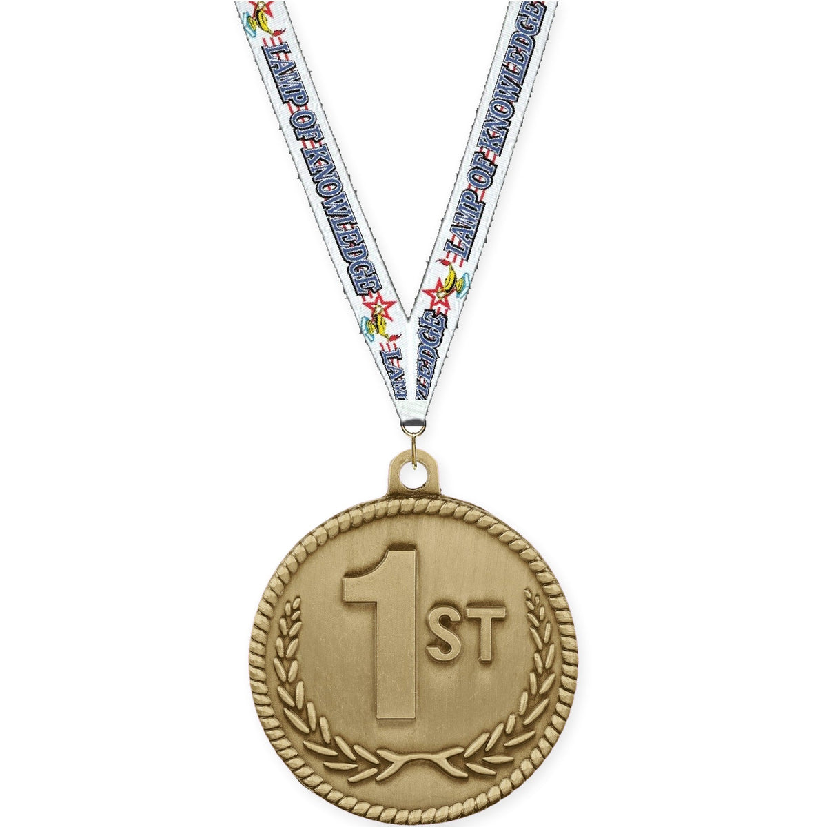 2 inch Place High Relief medal in gold - 1st place with Lamp Of Knowledge neck ribbon