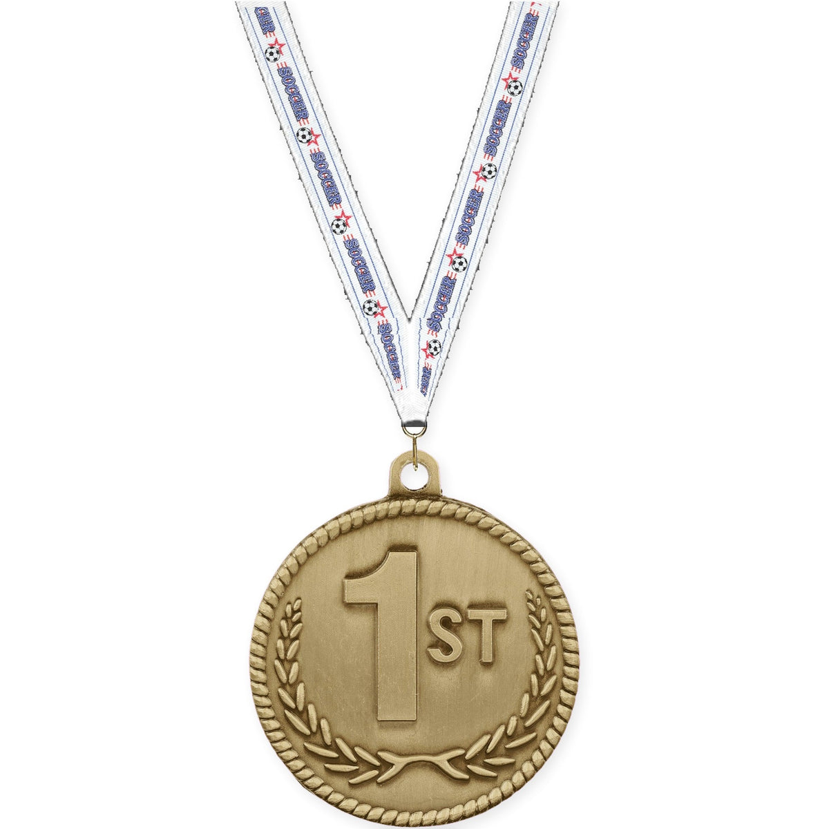 2 inch Place High Relief medal in gold - 1st place with Soccer neck ribbon