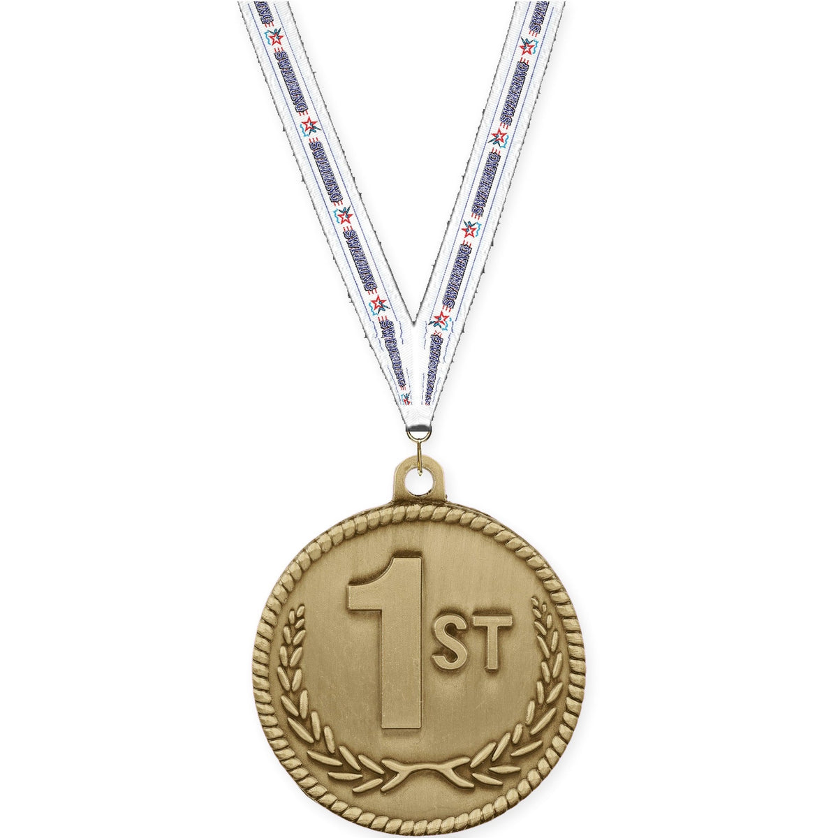 2 inch Place High Relief medal in gold - 1st place with Swimming neck ribbon