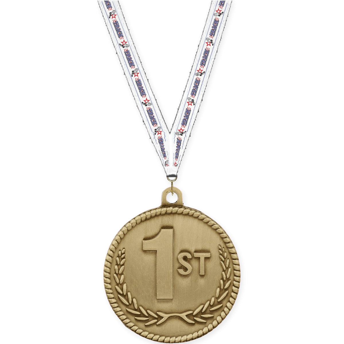 2 inch Place High Relief medal in gold - 1st place with Track neck ribbon