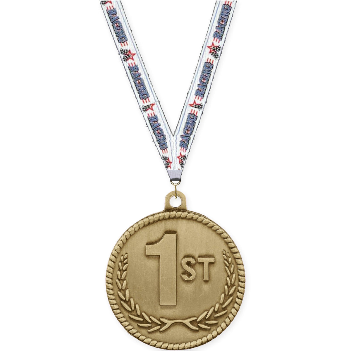 2 inch Place High Relief medal in gold - 1st place with Auto Racing neck ribbon